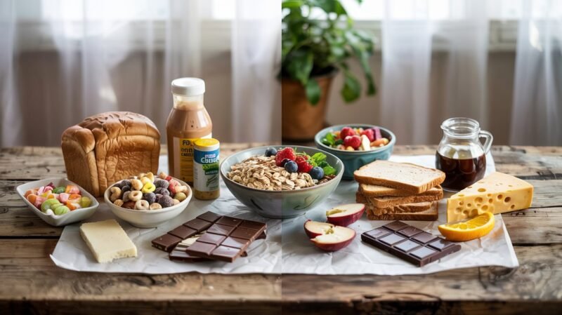 Clean Eating für Anfänger: 10 einfache Schritte zur Ernährungsumstellung 2 Vergleich zwischen verarbeiteten Lebensmitteln und Clean Eating Alternativen: Weißbrot vs. Vollkornbrot, Fertigmüsli vs. Haferflocken mit frischen Früchten