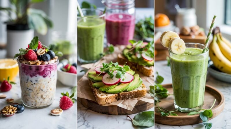 Clean Eating für Anfänger: 10 einfache Schritte zur Ernährungsumstellung 3 Drei einfache Clean Eating Frühstücksideen für Einsteiger: Overnight Oats mit Beeren, Avocado-Vollkornbrot und grüner Protein-Smoothie