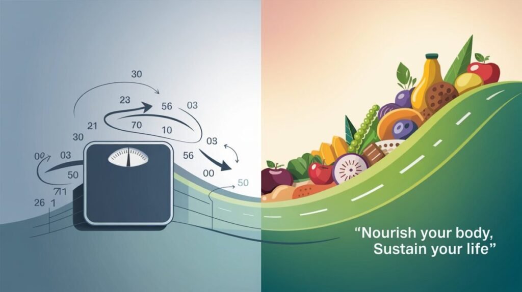 Clean Eating vs. Diät-Hypes: Warum langfristige Ernährungsumstellung besser ist als kurzfristige Diäten 2 Infografik die den Jojo-Effekt bei Diäten im Vergleich zur kontinuierlichen Verbesserung durch Clean Eating zeigt