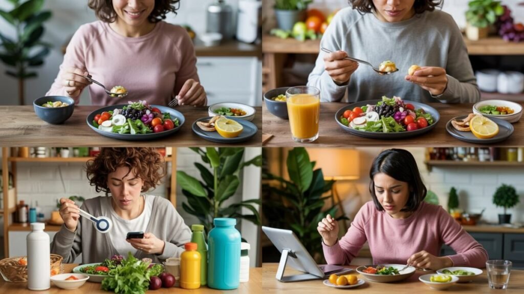 Clean Eating vs. Diät-Hypes: Warum langfristige Ernährungsumstellung besser ist als kurzfristige Diäten 3 Gegenüberstellung von entspanntem Clean Eating Mindset und stressvoller Diät-Mentalität beim Umgang mit Essen