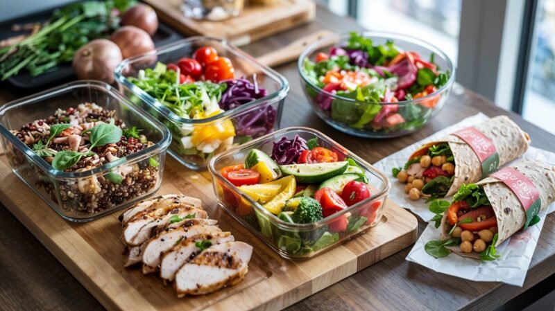Clean Eating für Anfänger: 10 einfache Schritte zur Ernährungsumstellung 4 Clean Eating Meal Prep für Anfänger: Vorbereitete Grundzutaten wie Quinoa, geröstetes Gemüse, Hähnchen und Kichererbsen für verschiedene Mahlzeiten