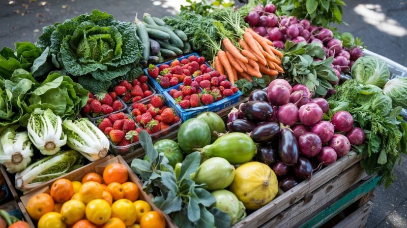 Die Clean Eating Einkaufsliste: Was gehört in deinen Warenkorb und was nicht? 2 Vielfältige Auswahl an saisonalem Obst und Gemüse für Clean Eating, frisch und farbenfroh auf einem Marktstand arrangiert