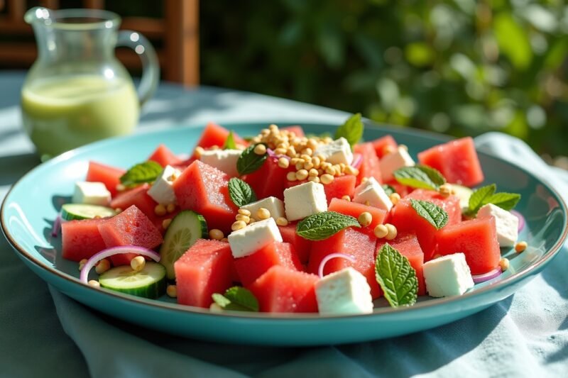 Salat 2.0 – Kreative Rezepte für mehr Geschmack und Vitamine 6 Sommerlicher Wassermelonen-Feta-Salat mit Minz-Limetten-Dressing