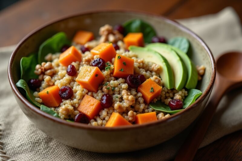 Salat 2.0 – Kreative Rezepte für mehr Geschmack und Vitamine 5 Warmer Süßkartoffel-Quinoa-Salat mit Ahornsenf-Vinaigrette